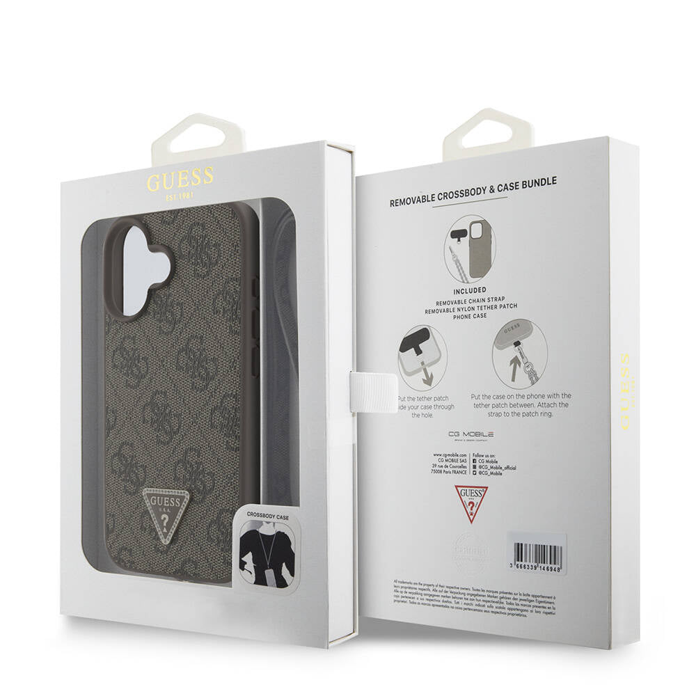 iPhone 16 Plus Kılıf Guess Orjinal Lisanslı PU Deri Taşlı Metal Üçgen Logolu Çapraz Vücut Askılı 4G Desenli Kılıf