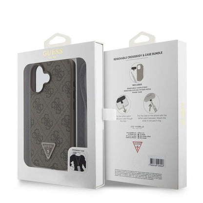 iPhone 16 Plus Kılıf Guess Orjinal Lisanslı PU Deri Taşlı Metal Üçgen Logolu Çapraz Vücut Askılı 4G Desenli Kılıf