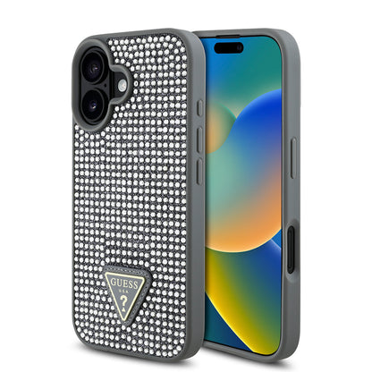 iPhone 16 Plus Kılıf Guess Orjinal Lisanslı Taşlı Arka Yüzey Üçgen Logolu Kılıf