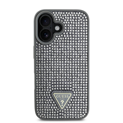 Apple iPhone 16 Plus Kılıf Guess Orjinal Lisanslı Taşlı Arka Yüzey Üçgen Logolu Kapak Gümüş