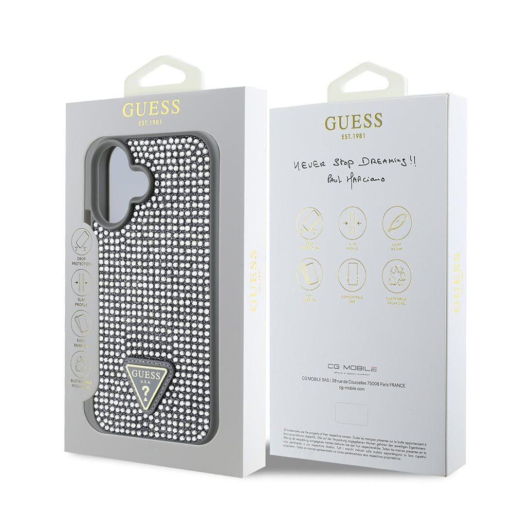 iPhone 16 Plus Kılıf Guess Orjinal Lisanslı Taşlı Arka Yüzey Üçgen Logolu Kılıf
