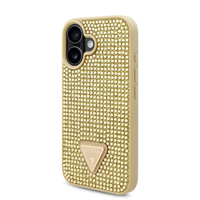 Apple iPhone 16 Plus Kılıf Guess Orjinal Lisanslı Taşlı Arka Yüzey Üçgen Logolu Kapak Gold