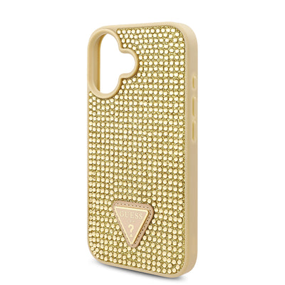Apple iPhone 16 Plus Kılıf Guess Orjinal Lisanslı Taşlı Arka Yüzey Üçgen Logolu Kapak Gold