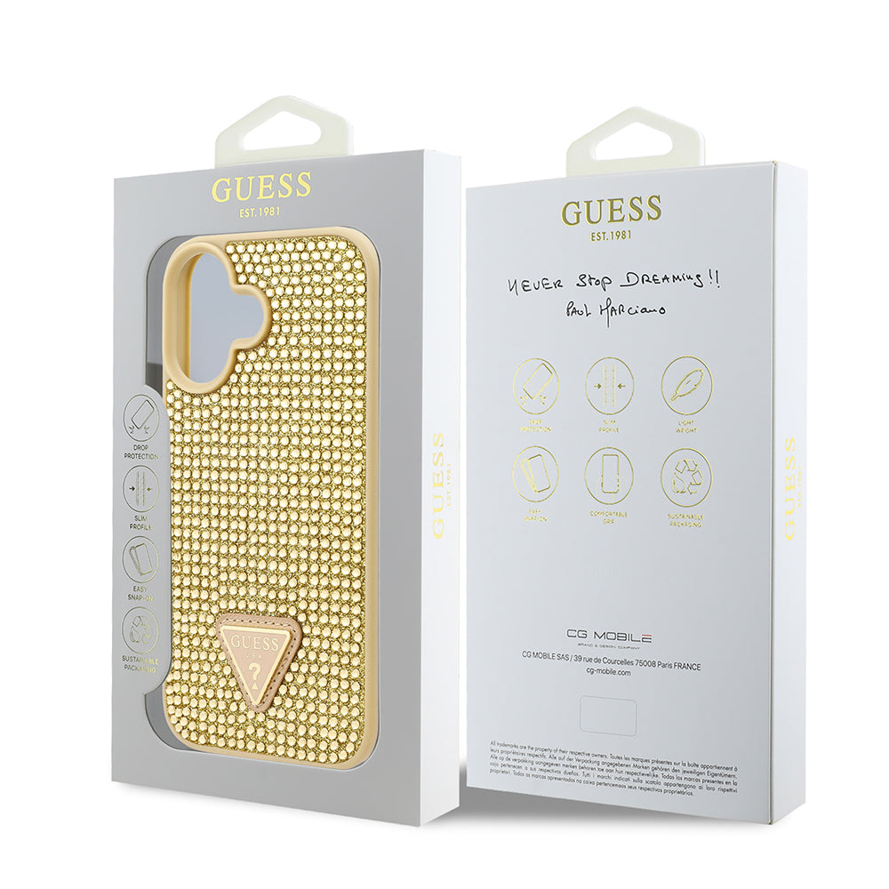 Apple iPhone 16 Plus Kılıf Guess Orjinal Lisanslı Taşlı Arka Yüzey Üçgen Logolu Kapak Gold