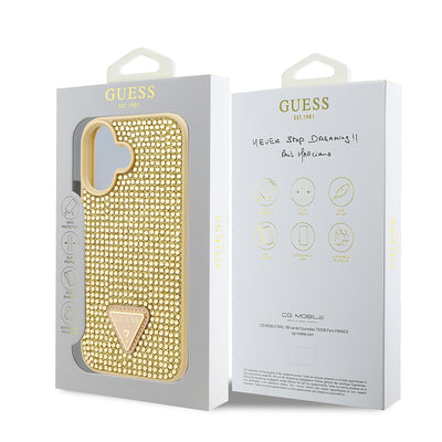 Apple iPhone 16 Plus Kılıf Guess Orjinal Lisanslı Taşlı Arka Yüzey Üçgen Logolu Kapak Gold