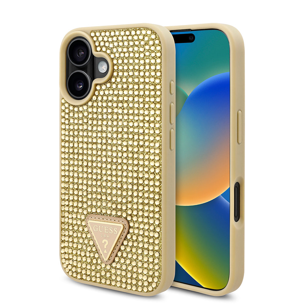 Apple iPhone 16 Plus Kılıf Guess Orjinal Lisanslı Taşlı Arka Yüzey Üçgen Logolu Kapak Gold