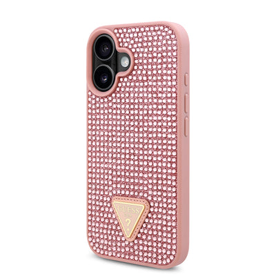 Apple iPhone 16 Plus Kılıf Guess Orjinal Lisanslı Taşlı Arka Yüzey Üçgen Logolu Kapak Gold