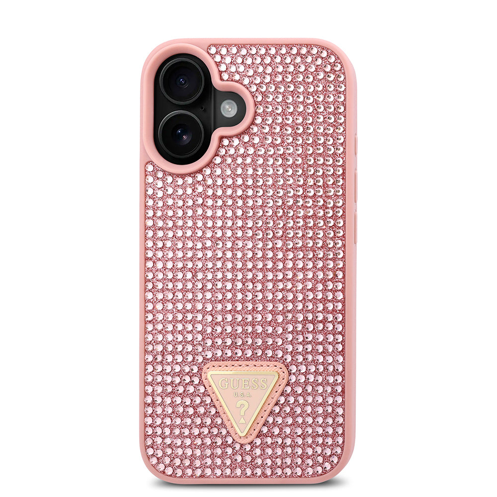 Apple iPhone 16 Plus Kılıf Guess Orjinal Lisanslı Taşlı Arka Yüzey Üçgen Logolu Kapak Pembe