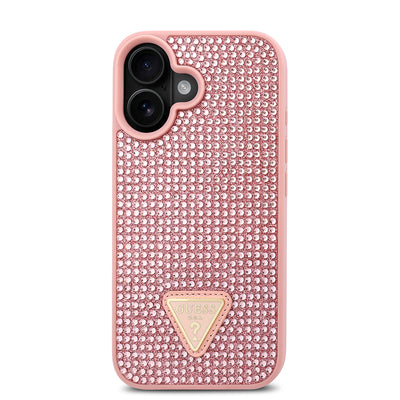 Apple iPhone 16 Plus Kılıf Guess Orjinal Lisanslı Taşlı Arka Yüzey Üçgen Logolu Kapak Pembe