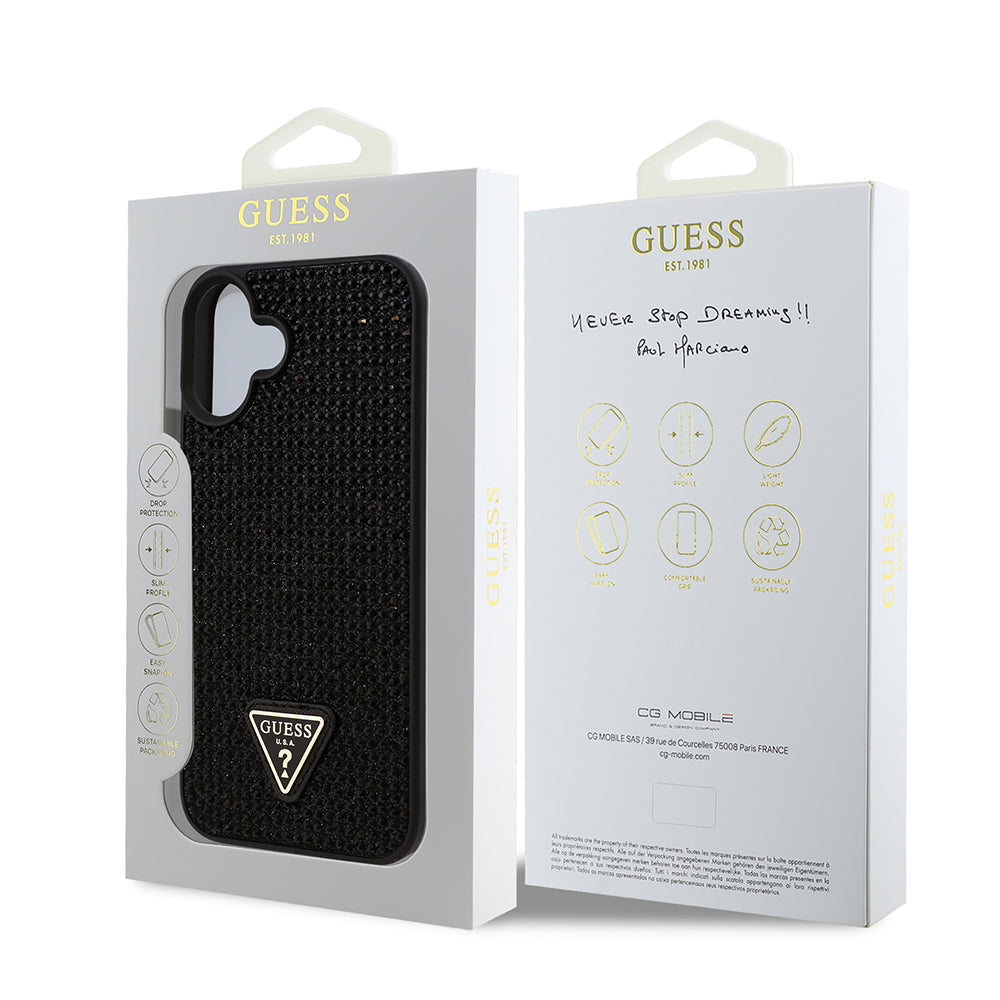 Apple iPhone 16 Plus Kılıf Guess Orjinal Lisanslı Taşlı Arka Yüzey Üçgen Logolu Kapak Gümüş