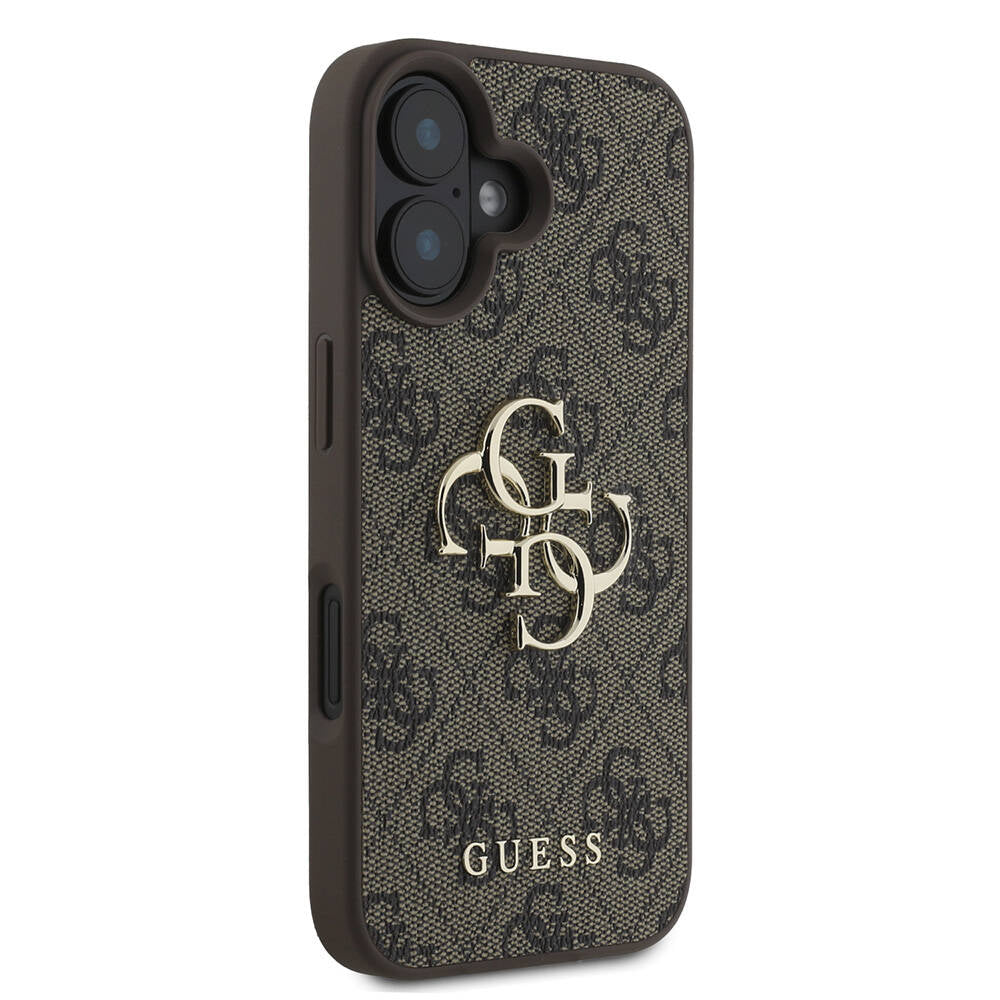 Apple iPhone 16 Plus Kılıf Guess Orjinal Lisanslı PU Deri 4G Desenli Metal Büyük 4G ve Yazı Logolu Kapak Kahverengi