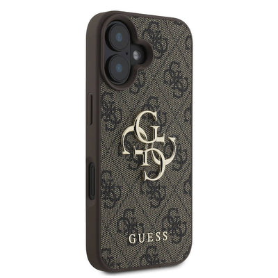 Apple iPhone 16 Plus Kılıf Guess Orjinal Lisanslı PU Deri 4G Desenli Metal Büyük 4G ve Yazı Logolu Kapak Kahverengi