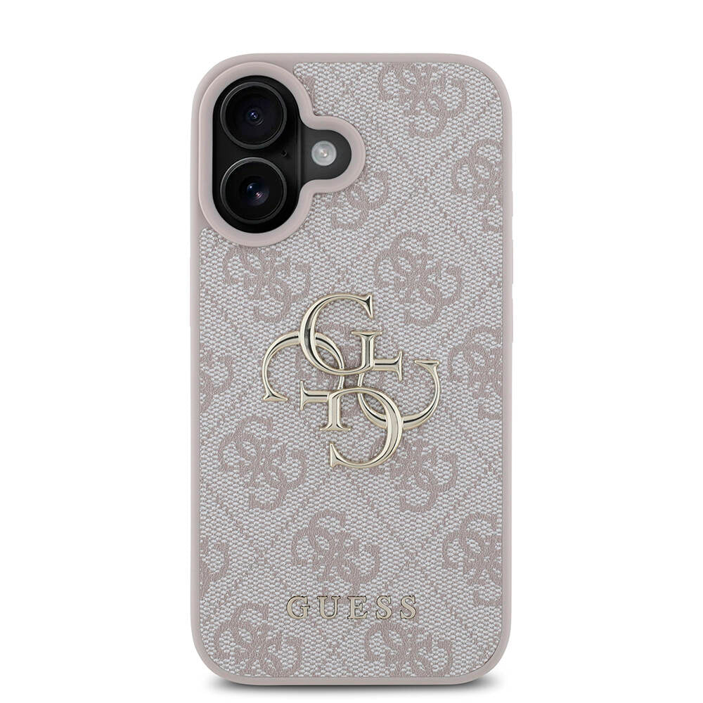 Apple iPhone 16 Plus Kılıf Guess Orjinal Lisanslı PU Deri 4G Desenli Metal Büyük 4G ve Yazı Logolu Kapak Pembe