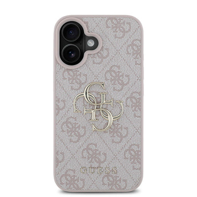 Apple iPhone 16 Plus Kılıf Guess Orjinal Lisanslı PU Deri 4G Desenli Metal Büyük 4G ve Yazı Logolu Kapak Pembe