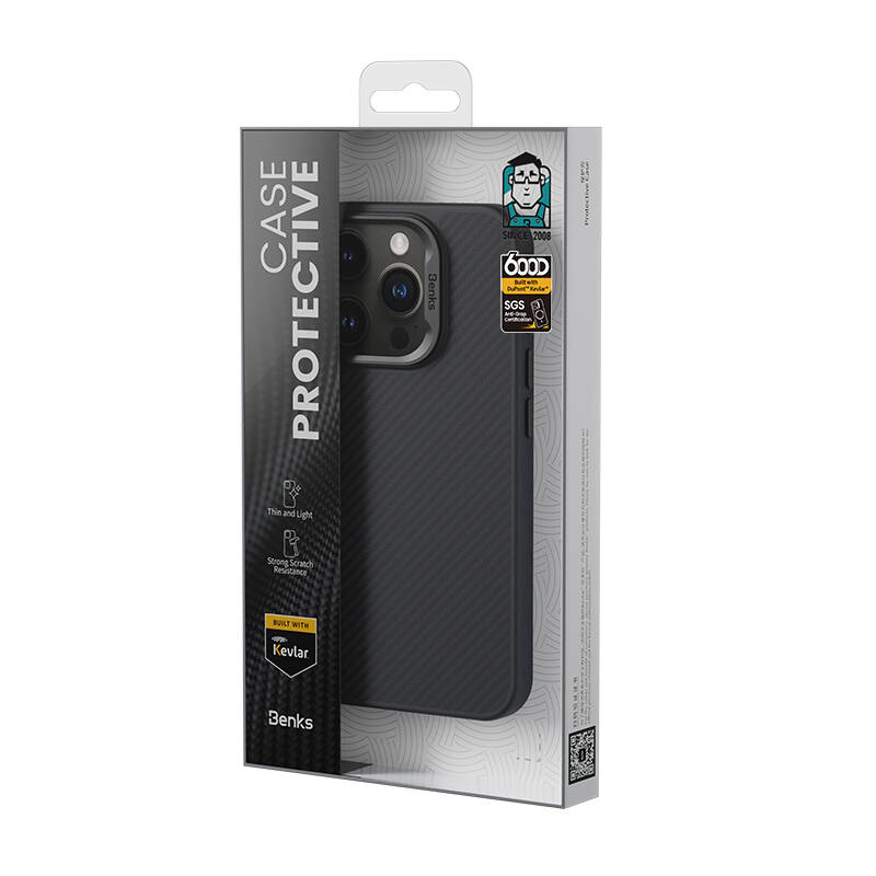 Apple iPhone 16 Plus Kılıf Karbon Fiber Magsafe Şarj Özellikli Benks Hybrid ArmorPro 600D Kevlar Kapak Siyah