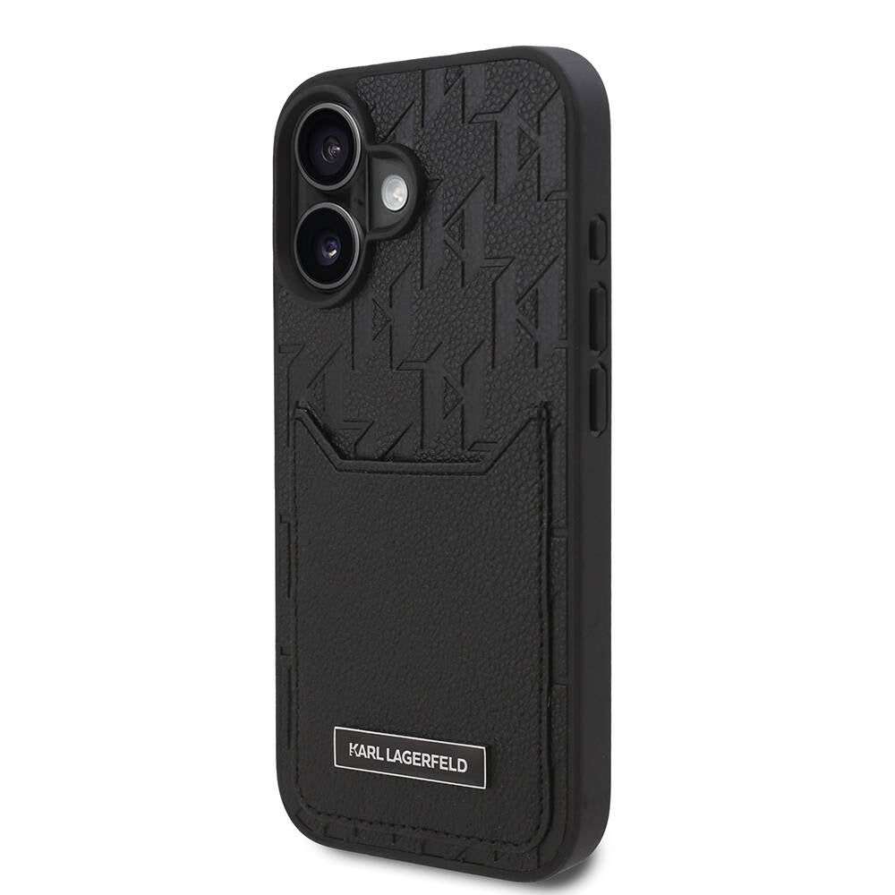 Apple iPhone 16 Plus Kılıf Karl Lagerfeld Orjinal Lisanslı Kartlıklı Cardslot Monogram Kapak Siyah