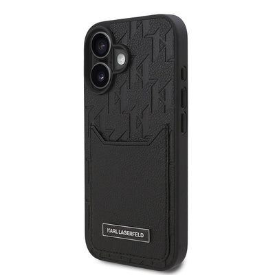 Apple iPhone 16 Plus Kılıf Karl Lagerfeld Orjinal Lisanslı Kartlıklı Cardslot Monogram Kapak Siyah