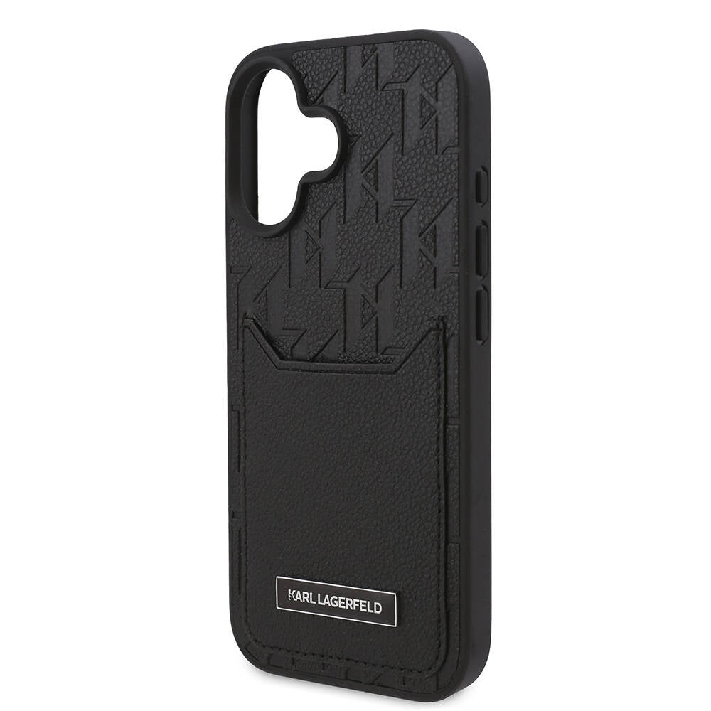 Apple iPhone 16 Plus Kılıf Karl Lagerfeld Orjinal Lisanslı Kartlıklı Cardslot Monogram Kapak Siyah