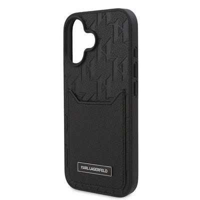 Apple iPhone 16 Plus Kılıf Karl Lagerfeld Orjinal Lisanslı Kartlıklı Cardslot Monogram Kapak Siyah