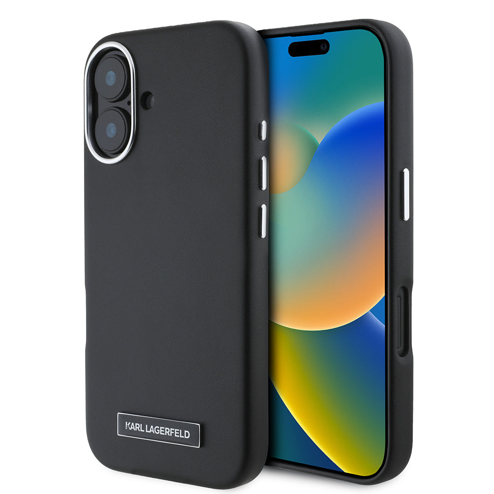 iPhone 16 Plus Kılıf Karl Lagerfeld Orjinal Lisanslı M-safe Şarj Özellikli Metal Kamera ve Buton Tasarımlı Plaka Logolu PU Deri Kılıf
