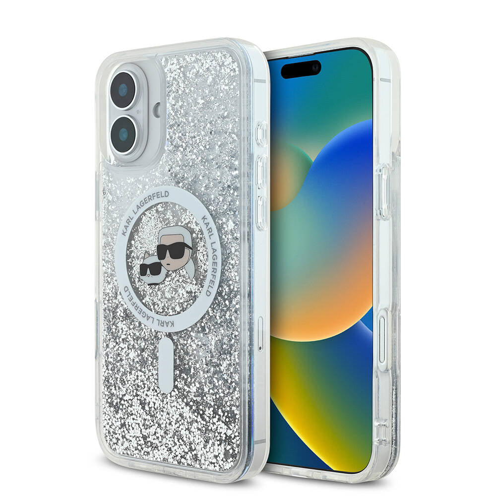 iPhone 16 Plus Kılıf Karl Lagerfeld Orjinal Lisanslı M-safe Şarj Özellikli Sıvılı Simli K&C Heads Kılıf