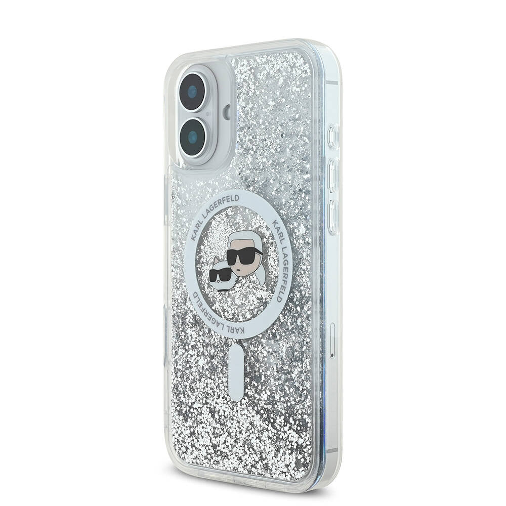iPhone 16 Plus Kılıf Karl Lagerfeld Orjinal Lisanslı M-safe Şarj Özellikli Sıvılı Simli K&C Heads Kılıf