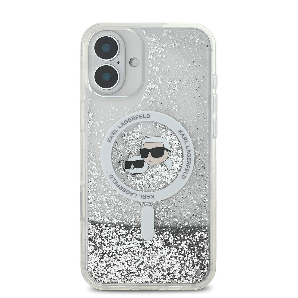 iPhone 16 Plus Kılıf Karl Lagerfeld Orjinal Lisanslı M-safe Şarj Özellikli Sıvılı Simli K&C Heads Kılıf