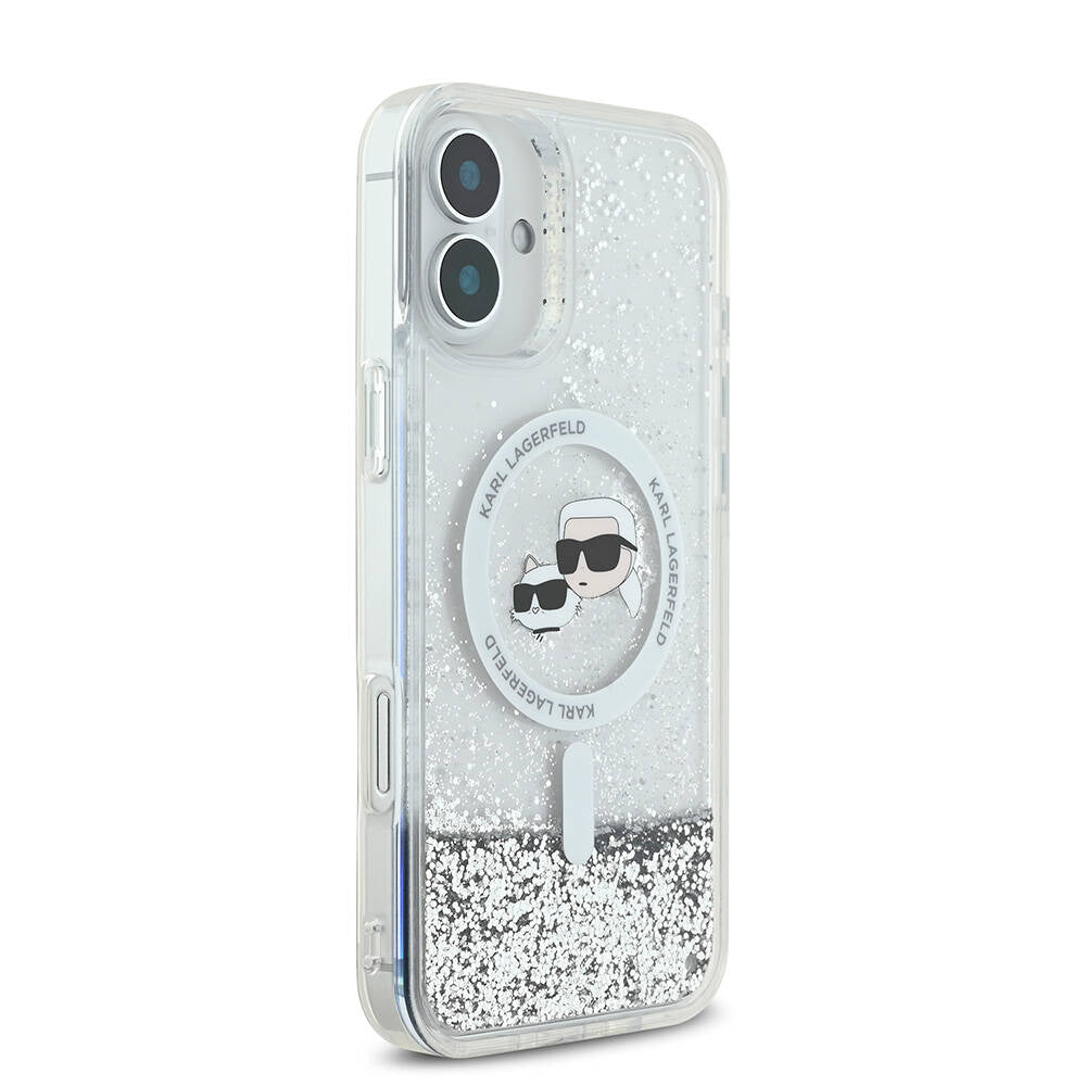 Apple iPhone 16 Plus Kılıf Karl Lagerfeld Orjinal Lisanslı Magsafe Şarj Özellikli Sıvılı Simli K&C Heads Kapak Şeffaf