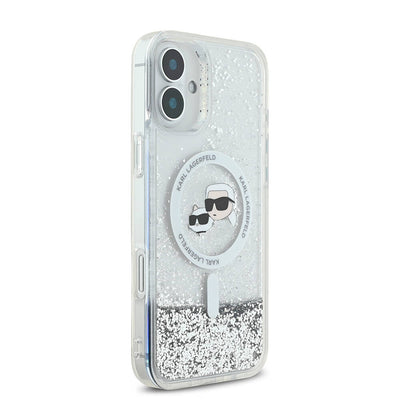 Apple iPhone 16 Plus Kılıf Karl Lagerfeld Orjinal Lisanslı Magsafe Şarj Özellikli Sıvılı Simli K&C Heads Kapak Şeffaf