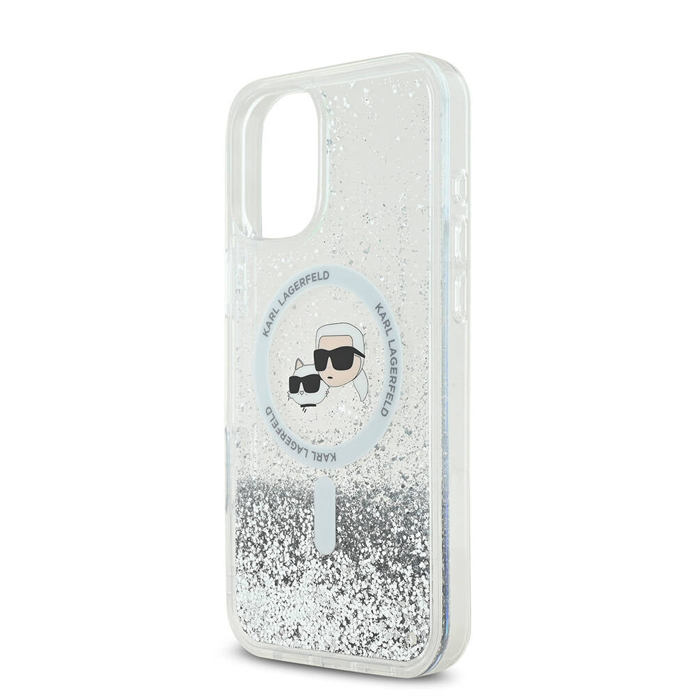 Apple iPhone 16 Plus Kılıf Karl Lagerfeld Orjinal Lisanslı Magsafe Şarj Özellikli Sıvılı Simli K&C Heads Kapak Şeffaf