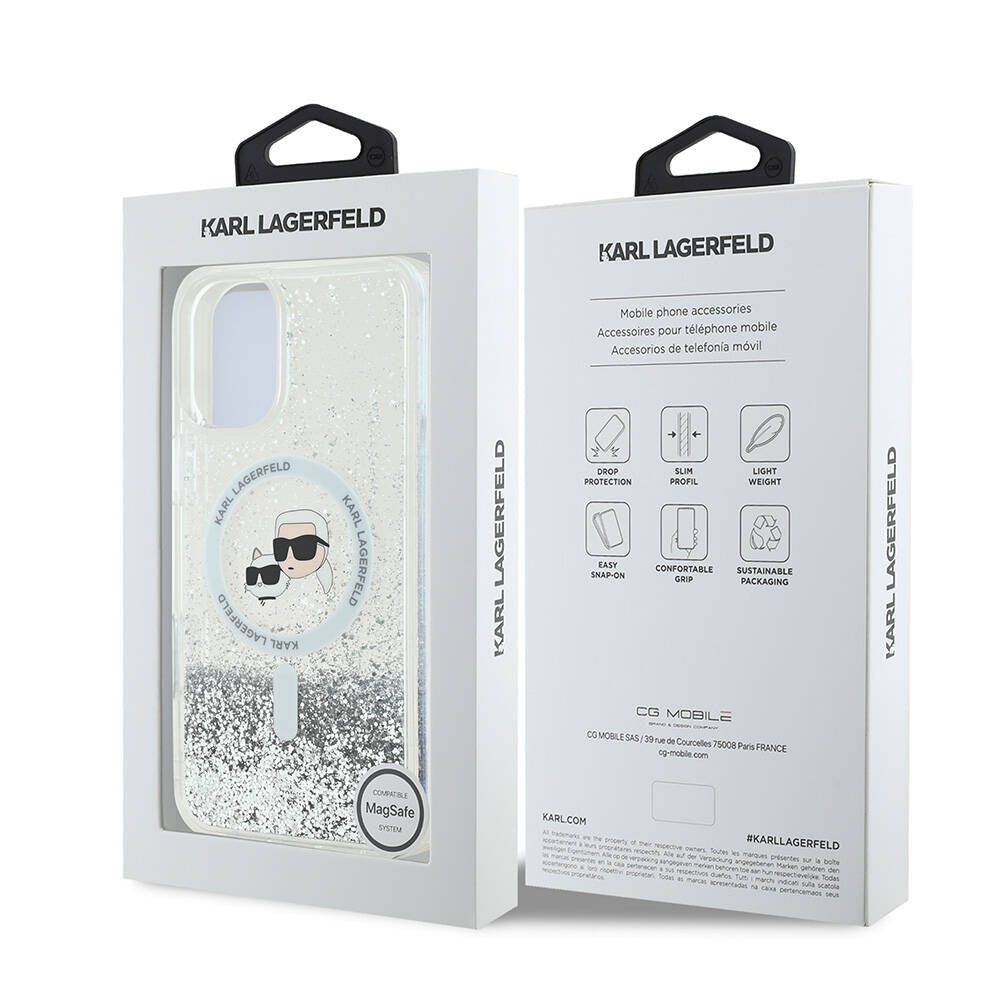 Apple iPhone 16 Plus Kılıf Karl Lagerfeld Orjinal Lisanslı Magsafe Şarj Özellikli Sıvılı Simli K&C Heads Kapak Şeffaf