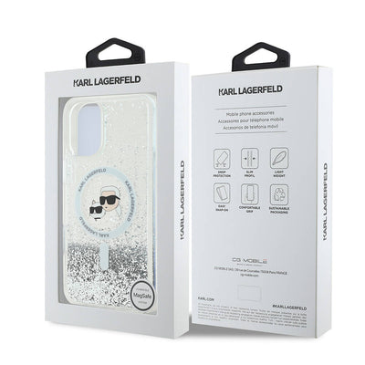 Apple iPhone 16 Plus Kılıf Karl Lagerfeld Orjinal Lisanslı Magsafe Şarj Özellikli Sıvılı Simli K&C Heads Kapak Şeffaf