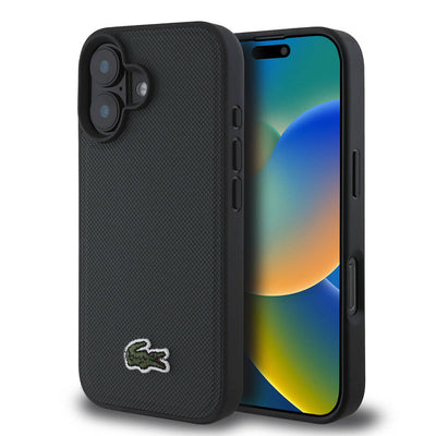 Apple iPhone 16 Plus Kılıf Lacoste Orjinal Lisanslı PU Pike Desenli Arka Yüzey İkonik Timsah Dokuma Logolu Kapak Siyah