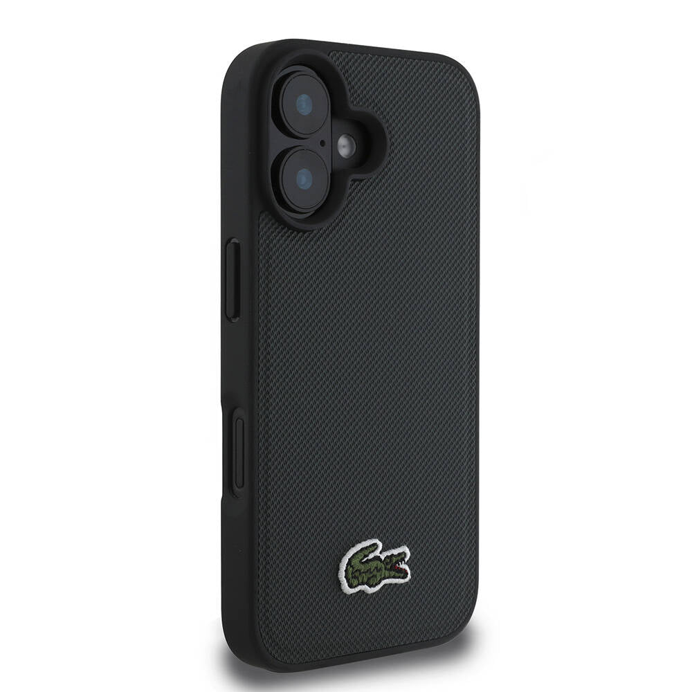 Apple iPhone 16 Plus Kılıf Lacoste Orjinal Lisanslı PU Pike Desenli Arka Yüzey İkonik Timsah Dokuma Logolu Kapak Siyah