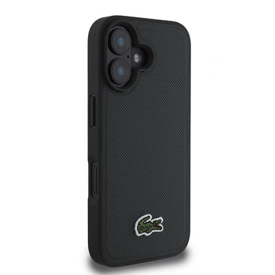 Apple iPhone 16 Plus Kılıf Lacoste Orjinal Lisanslı PU Pike Desenli Arka Yüzey İkonik Timsah Dokuma Logolu Kapak Siyah