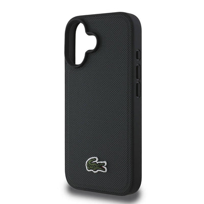Apple iPhone 16 Plus Kılıf Lacoste Orjinal Lisanslı PU Pike Desenli Arka Yüzey İkonik Timsah Dokuma Logolu Kapak Siyah