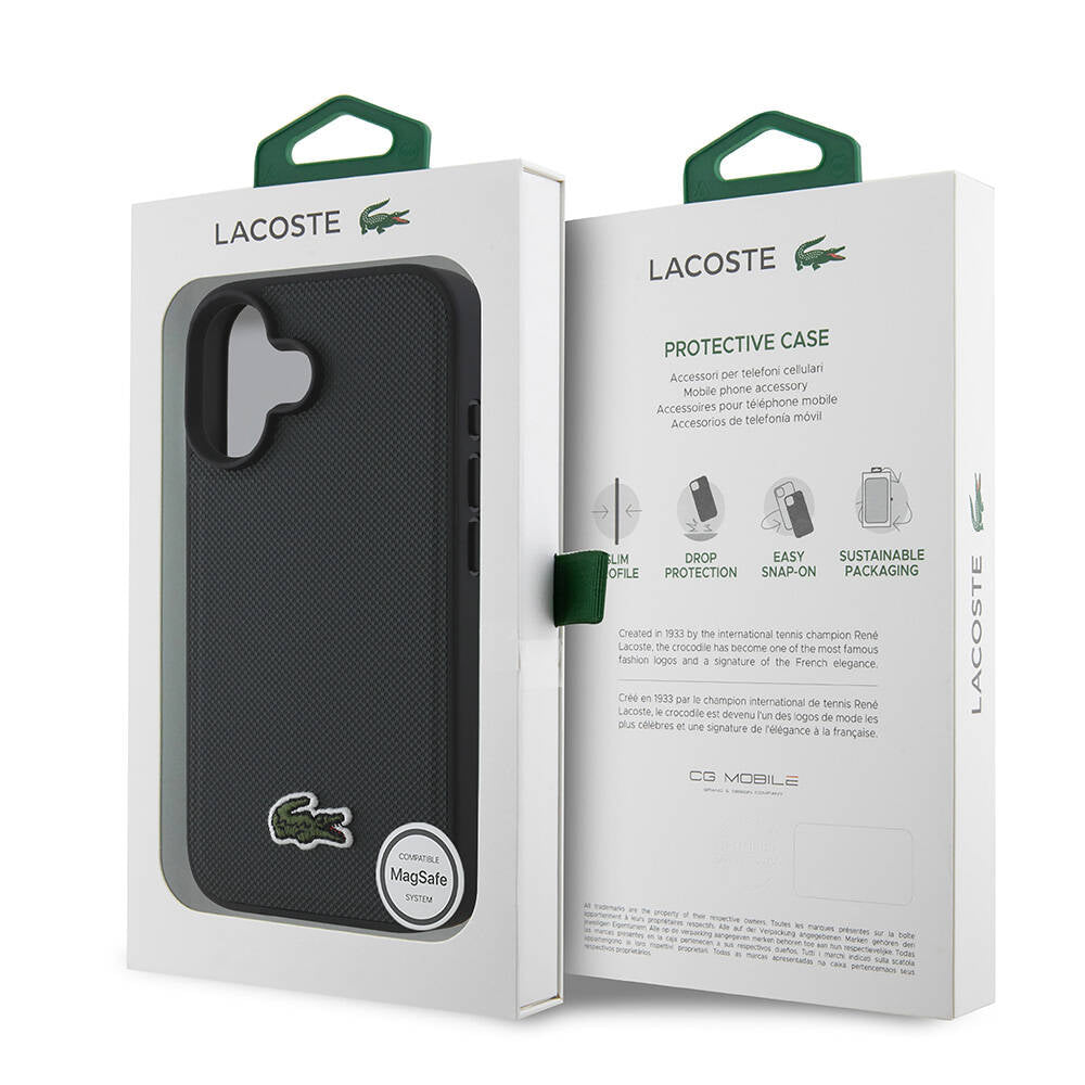 Apple iPhone 16 Plus Kılıf Lacoste Orjinal Lisanslı PU Pike Desenli Arka Yüzey İkonik Timsah Dokuma Logolu Kapak Siyah