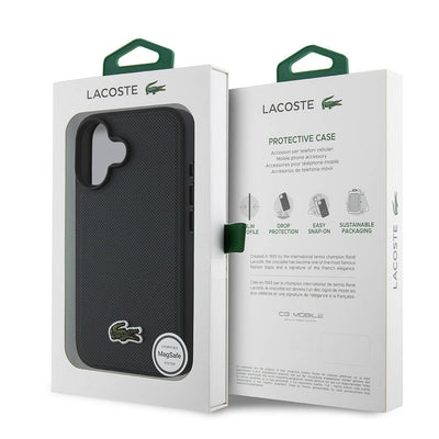 Apple iPhone 16 Plus Kılıf Lacoste Orjinal Lisanslı PU Pike Desenli Arka Yüzey İkonik Timsah Dokuma Logolu Kapak Siyah