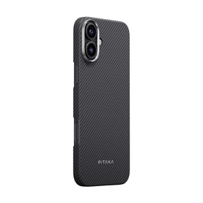 Apple iPhone 16 Plus Kılıf Magsafe Şarj Özellikli 600D Aramid Fiber Pitaka Ultra-Slim Classic Serisi Black-Grey Twill Kapak