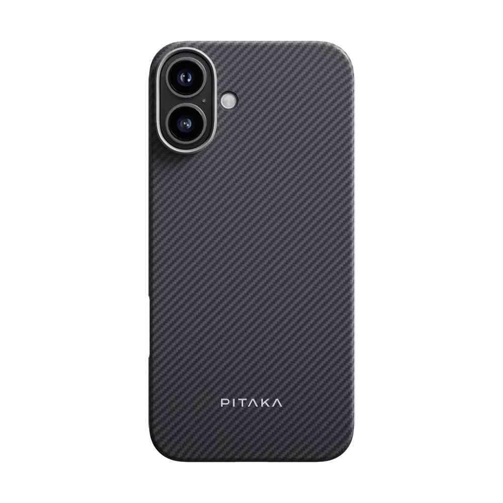iPhone 16 Plus Kılıf M-safe Şarj Özellikli 600D Aramid Fiber Pitaka Ultra-Slim Classic Serisi Black-Grey Twill Kılıf