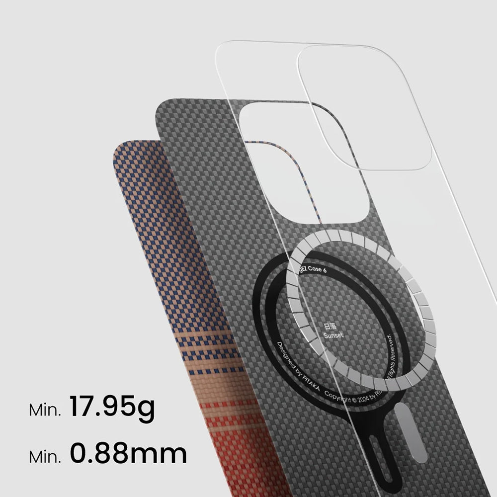 Apple iPhone 16 Plus Kılıf Magsafe Şarj Özellikli Aramid Fiber Pitaka Tactile Woven Sunset-Moonrise Serisi Sunset Kapak Kahverengi