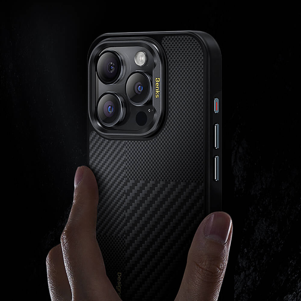 iPhone 16 Plus Kılıf M-safe Şarj Özellikli Karbon Fiber Benks Montage Hybrid ArmorPro Kevlar Kılıf