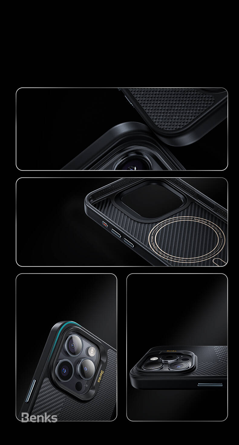 iPhone 16 Plus Kılıf M-safe Şarj Özellikli Karbon Fiber Benks Montage Hybrid ArmorPro Kevlar Kılıf