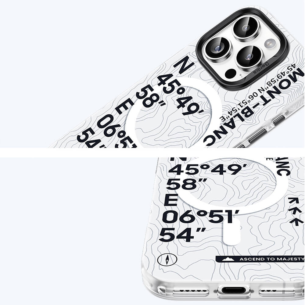Apple iPhone 16 Plus Kılıf Magsafe Şarj Özellikli Koordinat Yazı Desenli Benks Summit Serisi Kapak Beyaz
