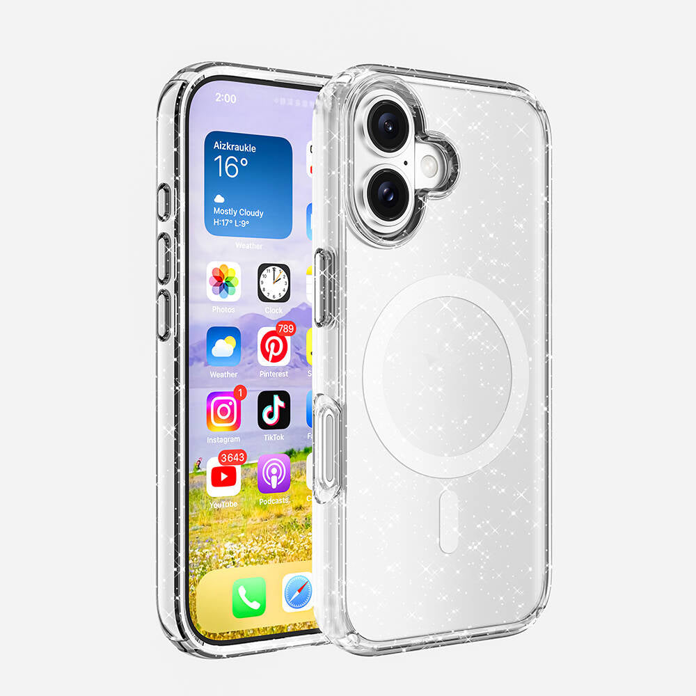 iPhone 16 Plus Kılıf M-safe Şarj Özellikli Parlayan Simli Saydam Renkli Zore Allstar Kılıf