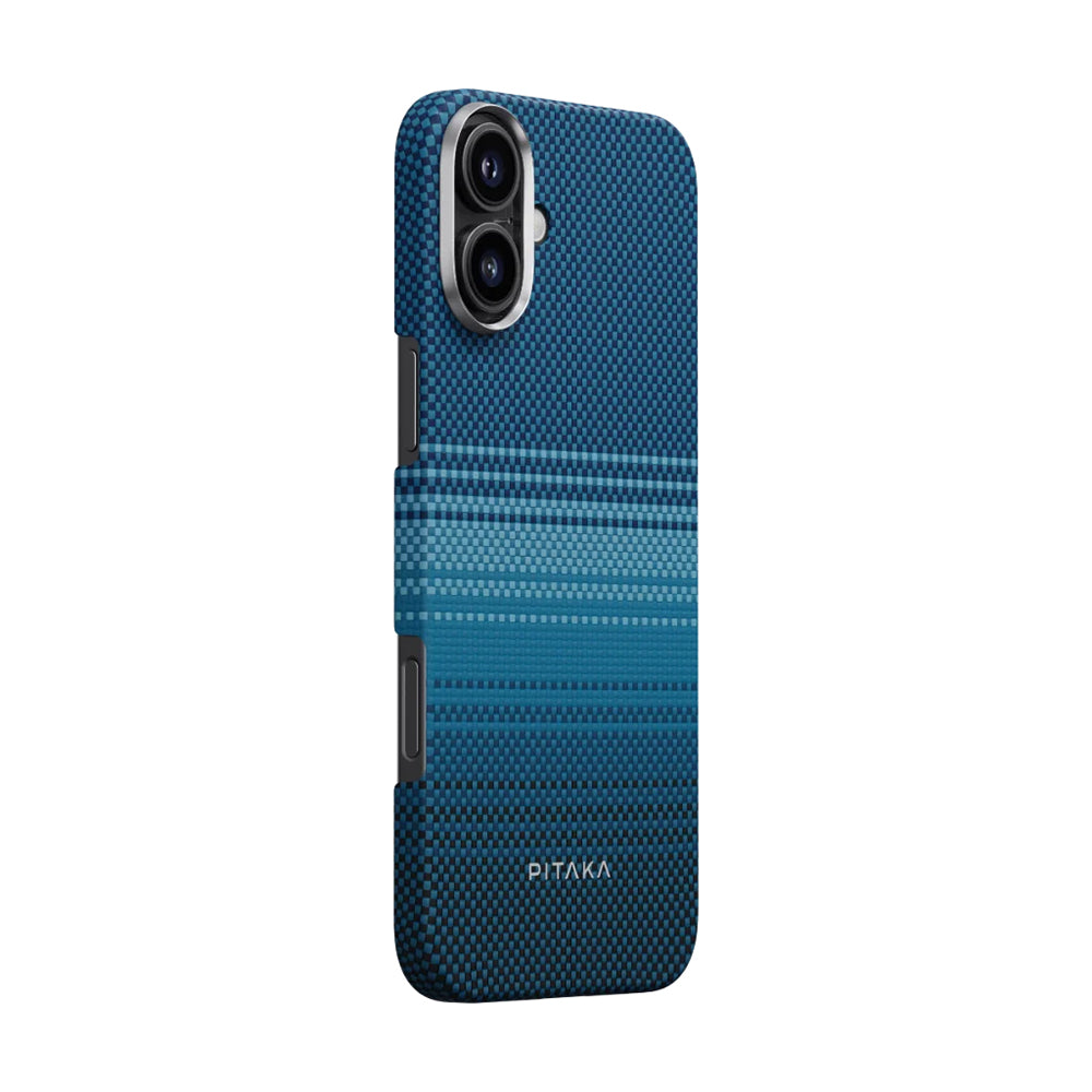 Apple iPhone 16 Plus Kılıf Magsafe Şarj Özellikli Aramid Fiber Pitaka Tactile Woven Sunset-Moonrise Serisi Moonrise Kapak Mavi