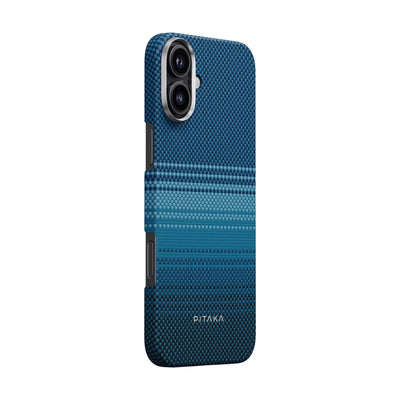 Apple iPhone 16 Plus Kılıf Magsafe Şarj Özellikli Aramid Fiber Pitaka Tactile Woven Sunset-Moonrise Serisi Moonrise Kapak Mavi