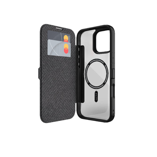 iPhone 16 Plus Kılıf M-safe Şarj Özellikli Vegan Deri Tasarımlı Şeffaf Arka Yüzey Kartlıklı Raptic Urban Folio Serisi Kılıf