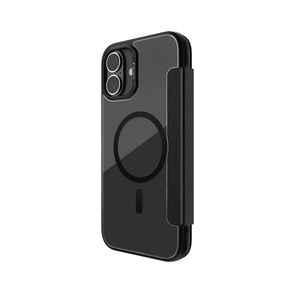 Apple iPhone 16 Plus Kılıf M-safe Şarj Özellikli Vegan Deri Tasarımlı Şeffaf Arka Yüzey Kartlıklı Raptic Urban Folio Serisi Kapak Siyah