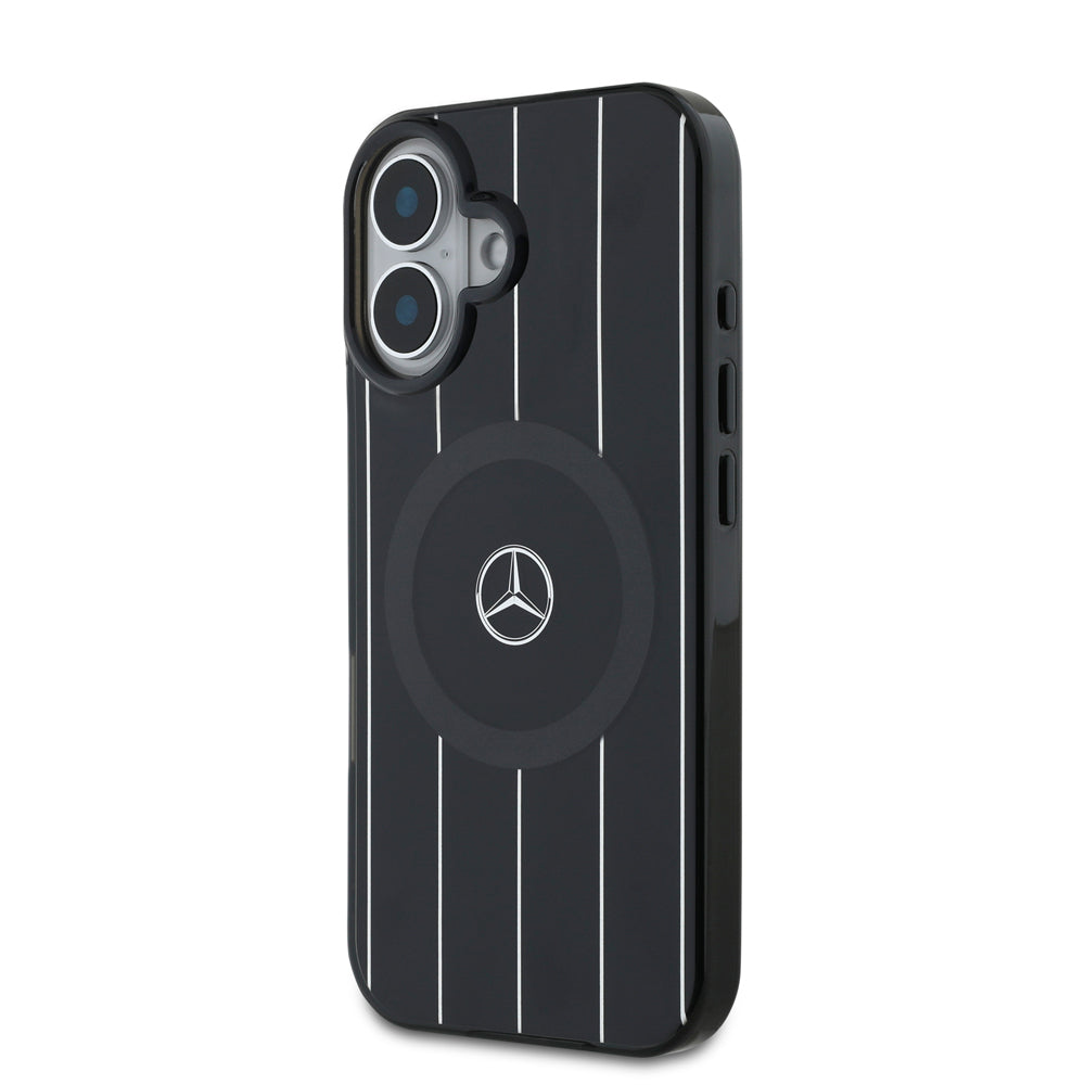 Apple iPhone 16 Plus Kılıf Mercedes Benz Orjinal Lisanslı Magsafe Şarj Özellikli Çift Katmanlı Paralel Çizgi Desenli Kapak Siyah